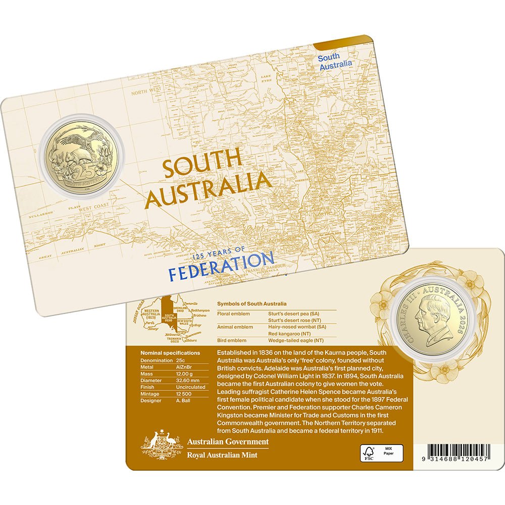 2026 25c 125 Years Of Federation – SA Uncirculated Coin In Card