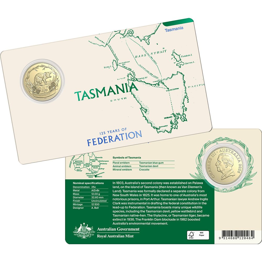 2026 25c 125 Years Of Federation – TAS Uncirculated Coin In Card