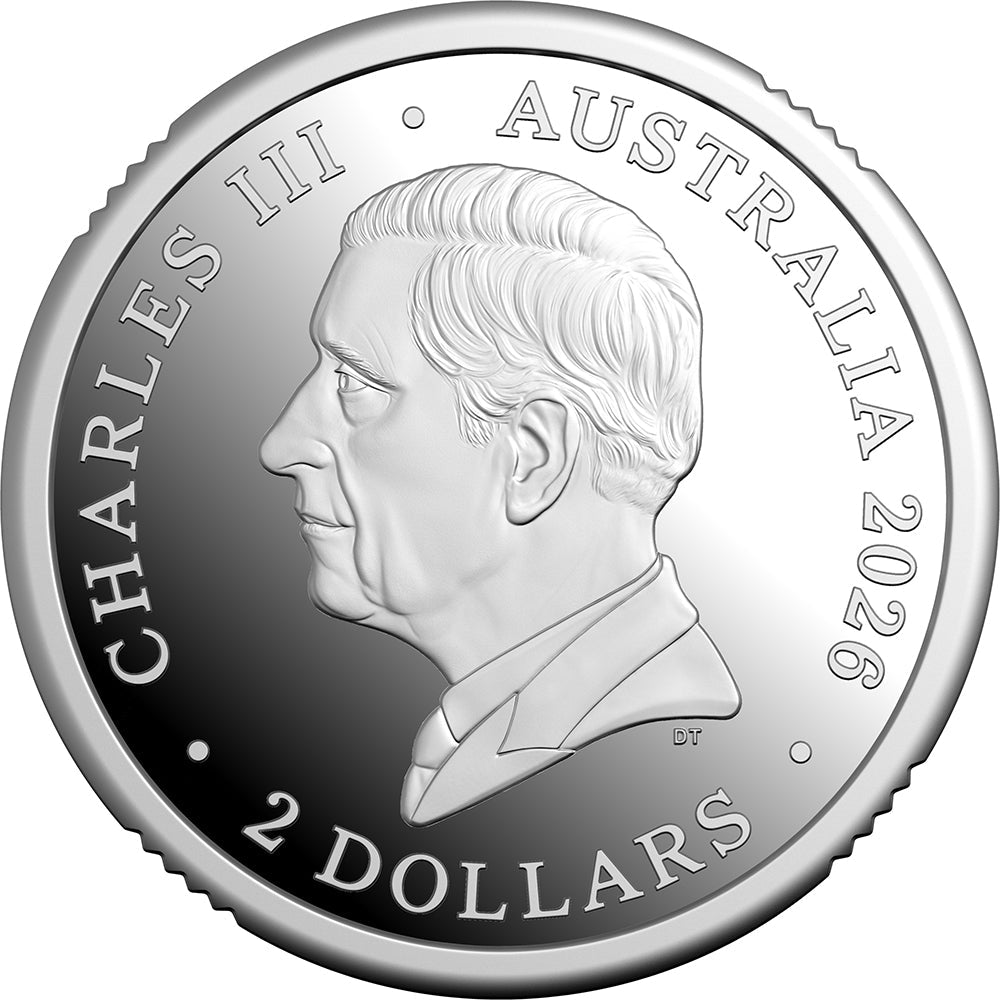 2026 $2 Dawn Service ‘C’ Mintmark Coloured Silver Proof Coin Obverse