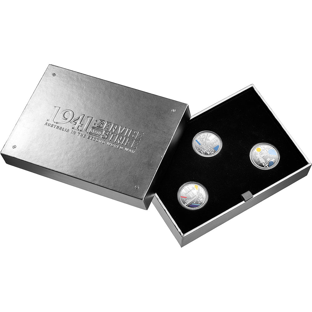 2026 20c 1941: Strife Amid Service Coloured Silver Proof Three-Coin Set Case Open