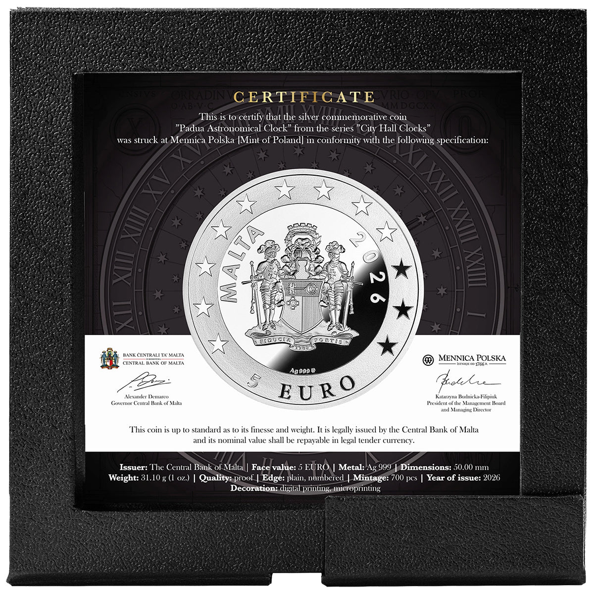 2026 €5 City Hall Clocks - Padua Astronomical Clock 1oz Silver Coin Case Back