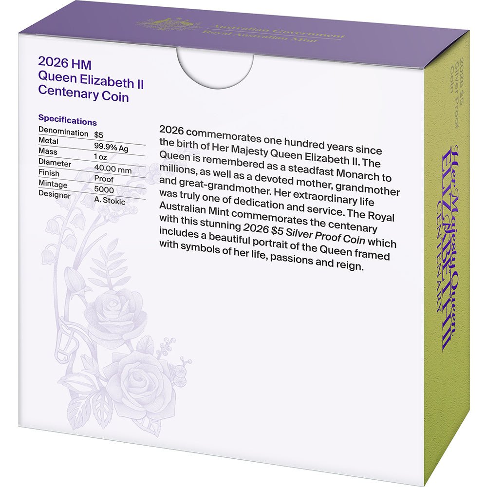 2026 $5 HM Queen Elizabeth II - Centenary Of Birth 1oz Fine Silver Proof Coin Shipper Back