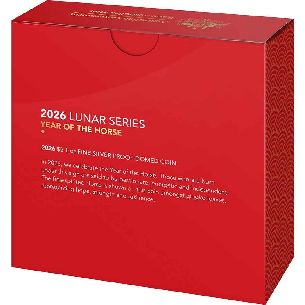 2026 $5 Lunar Series - Year Of The Horse Silver Proof Domed Coin Shipper Back