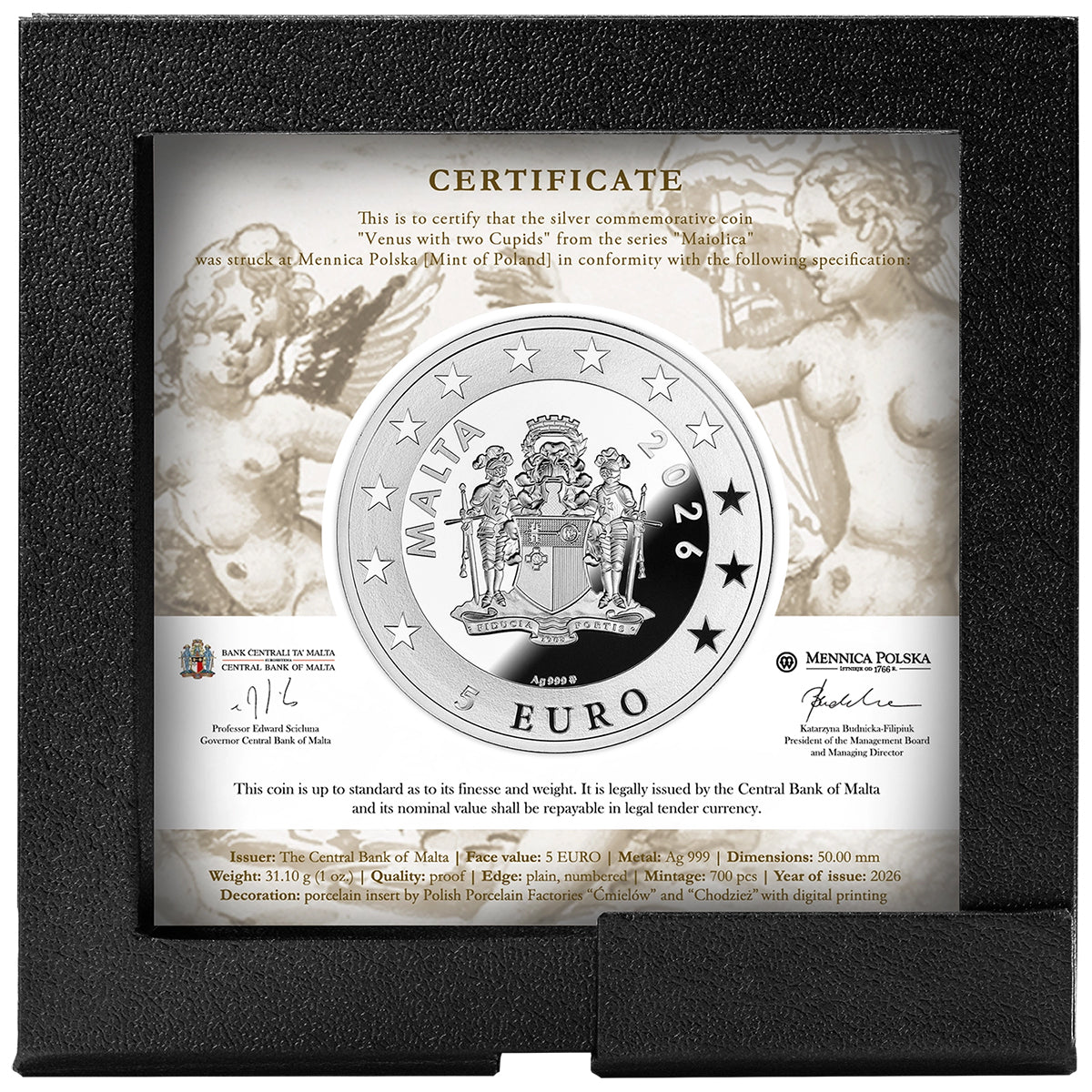 2026 €5 Maiolica - Venus With Two Cupids 1oz Silver Coin Case Back