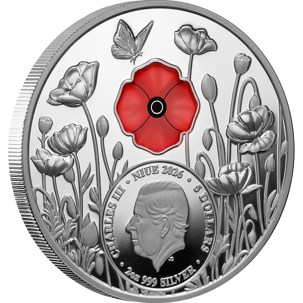 2026 $5 Red Poppy Window 2oz Silver Proof Coin Obverse