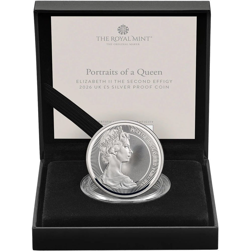 2026 £5 UK Portraits Of A Queen - Elizabeth II The Second Effigy Silver Proof Coin Case