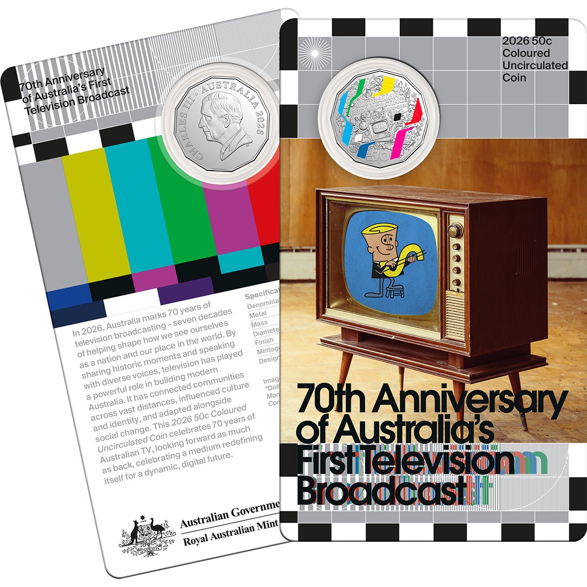 2026 50c First Television Broadcast 70th Anniversary Coloured Uncirculated Coin Card