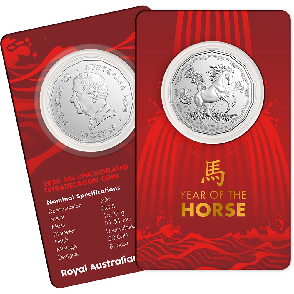 2026 50c Lunar Series - Year Of The Horse Uncirculated Tetradecagon Coin In Card