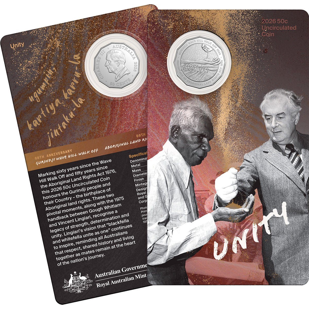 2026 50c Unity: Wave Hill Walk Off 60th & Aboriginal Land Rights 50th Anniversaries Uncirculated Coin Card