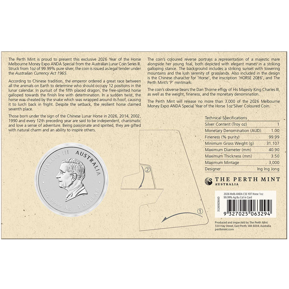 2026 ANDA Melbourne - Year Of The Horse 1oz Silver Coloured Coin In Card Back