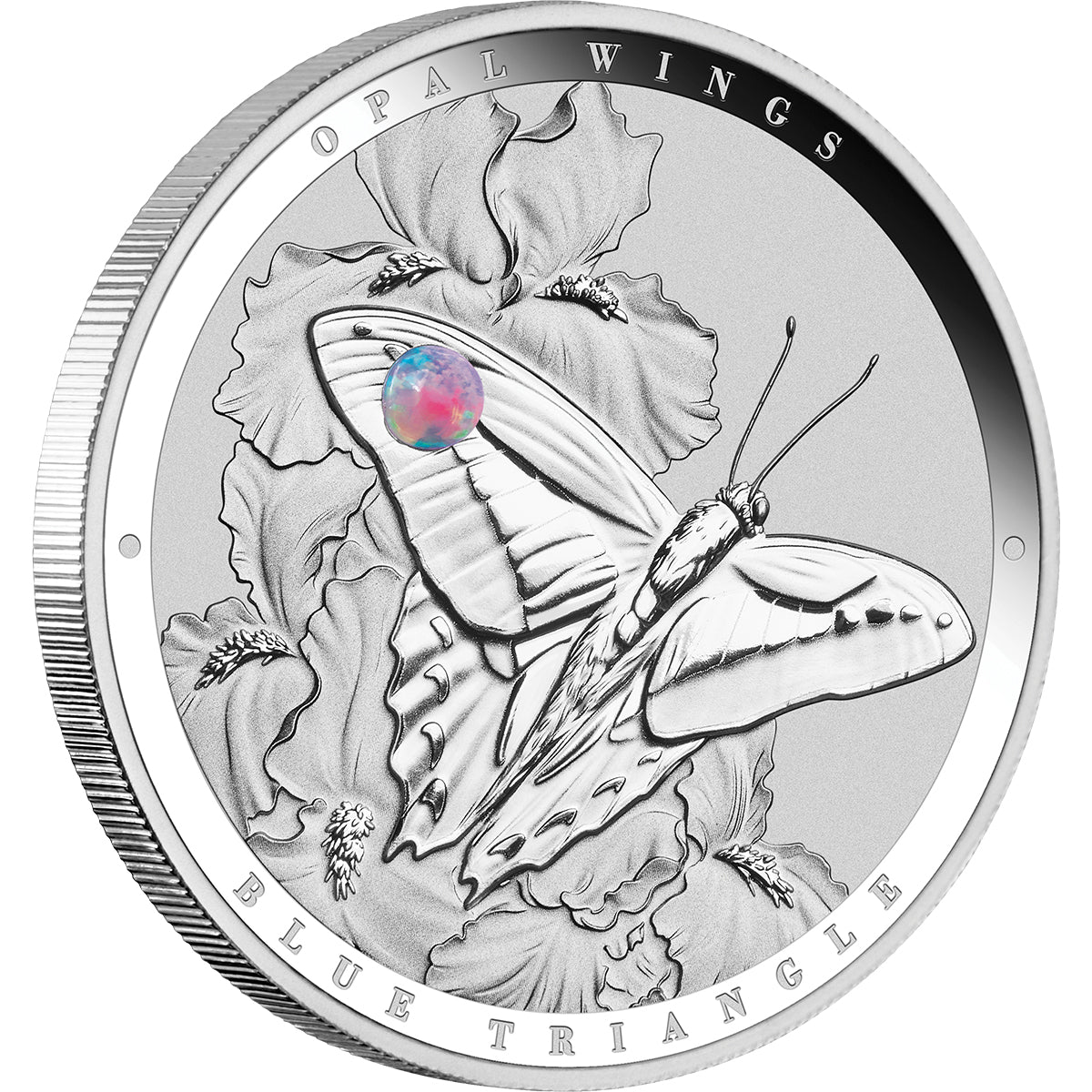 2026 Australian Opal Wings - Blue Triangle 1oz Silver Proof Coin With Opal Insert Angle