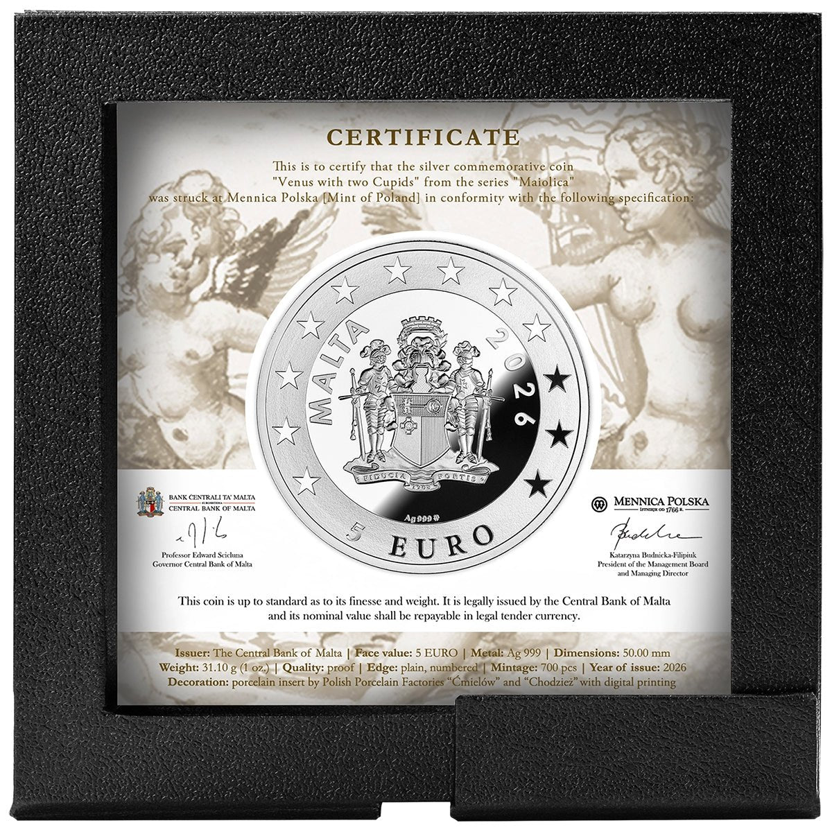 2026 €5 Maiolica - Venus With Two Cupids 1oz Silver Coin Case Back