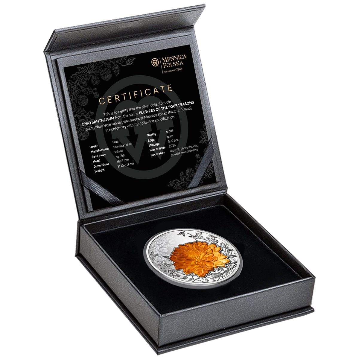 2026 Flowers Of The Four Seasons - Chrysanthemum 1oz Silver Proof Coin Case