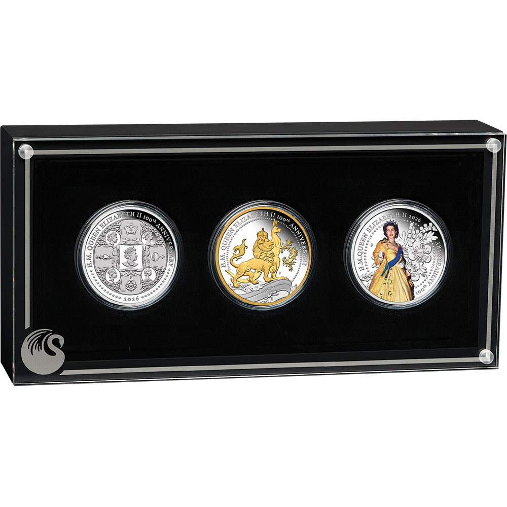 2026 H.M. Queen Elizabeth II 100th Anniversary 1oz Silver Three-Coin Set Case