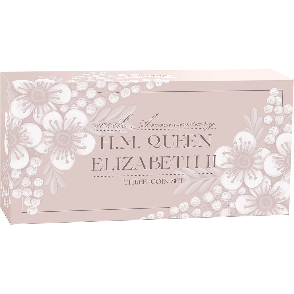 2026 H.M. Queen Elizabeth II 100th Anniversary 1oz Silver Three-Coin Set Shipper