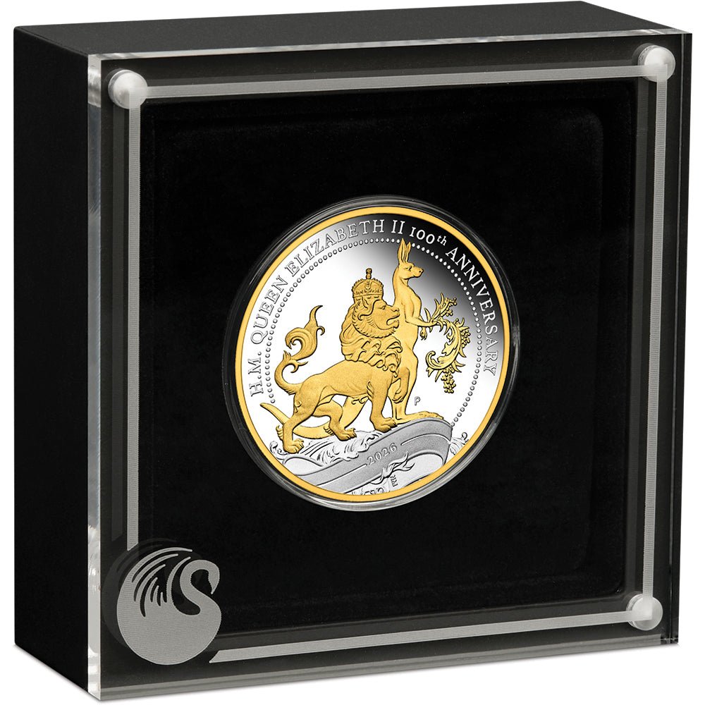 2026 H.M. Queen Elizabeth II 100th Anniversary 1oz Silver Proof Gilded Coin Case
