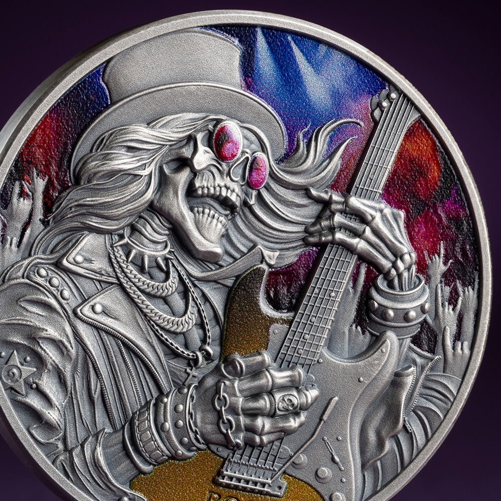 2026 Memento Mori - Rock Star 1oz Silver Antique Coin Detail