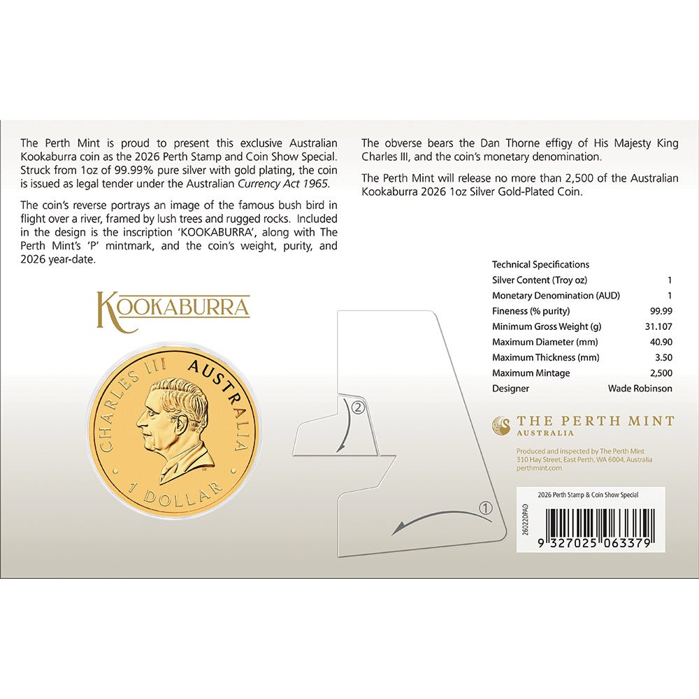2026 Perth Stamp & Coin Show - Australian Kookaburra 1oz Silver Gold Plated Coin In Card Back