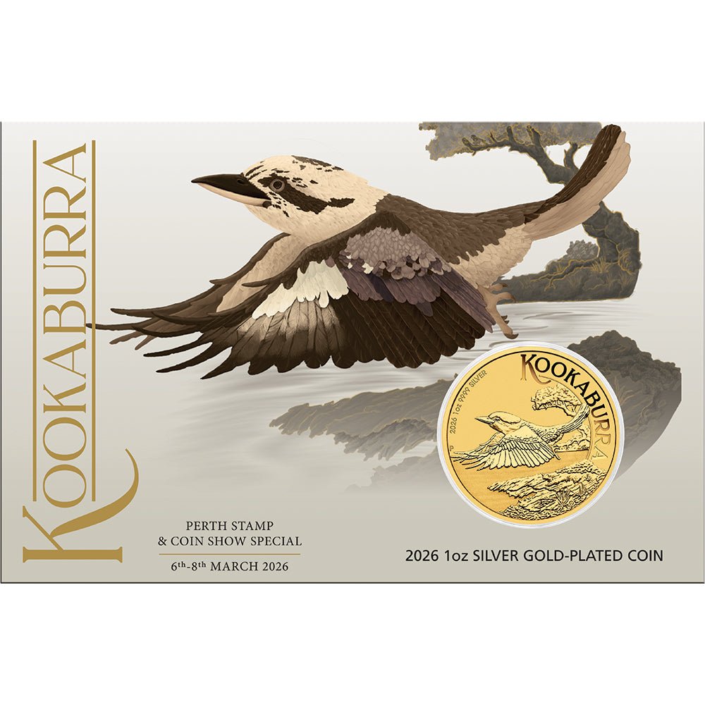 2026 Perth Stamp & Coin Show - Australian Kookaburra 1oz Silver Gold Plated Coin In Card