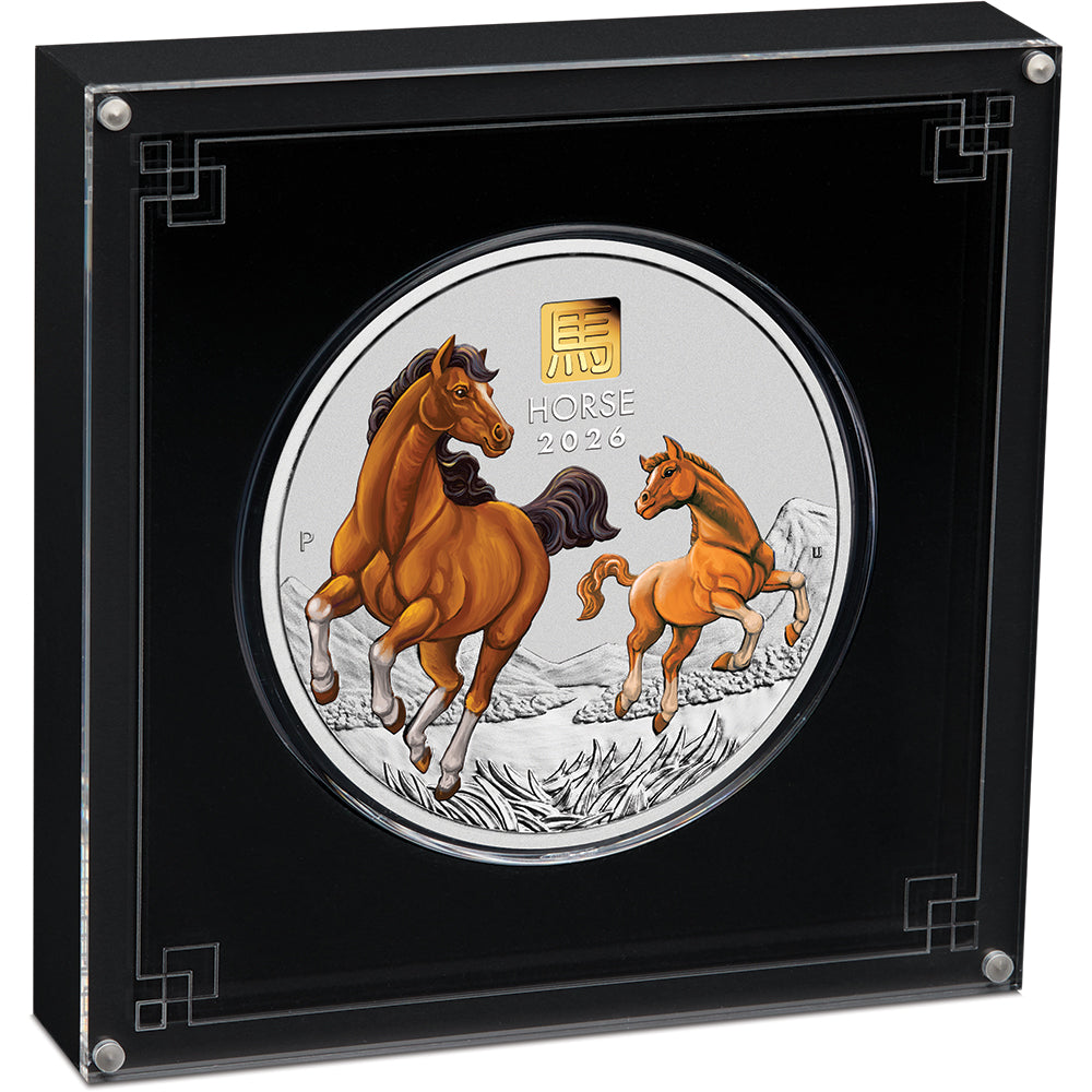 2026 Year Of The Horse 1 Kilo Silver Coloured Coin With Gold Privy Mark Case