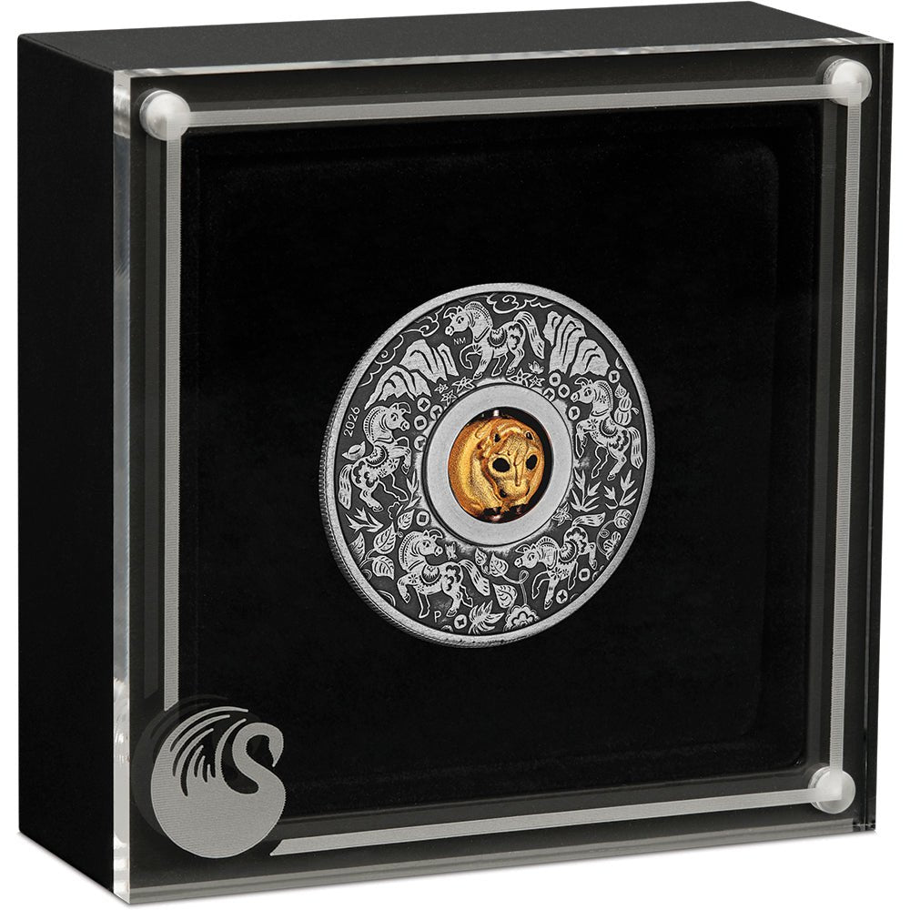 2026 Year Of The Horse Rotating Charm 1oz Silver Antiqued Coin Case