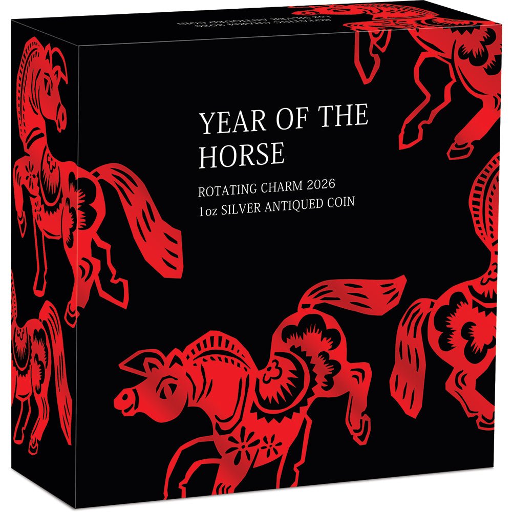 2026 Year Of The Horse Rotating Charm 1oz Silver Antiqued Coin Shipper