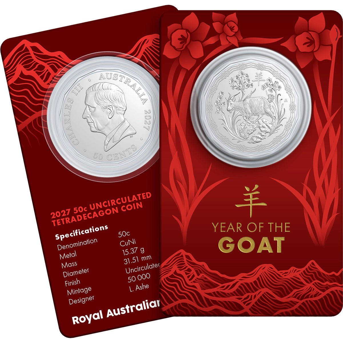 2027 50c Year Of The Goat Tetradecagon Uncirculated Coin Card