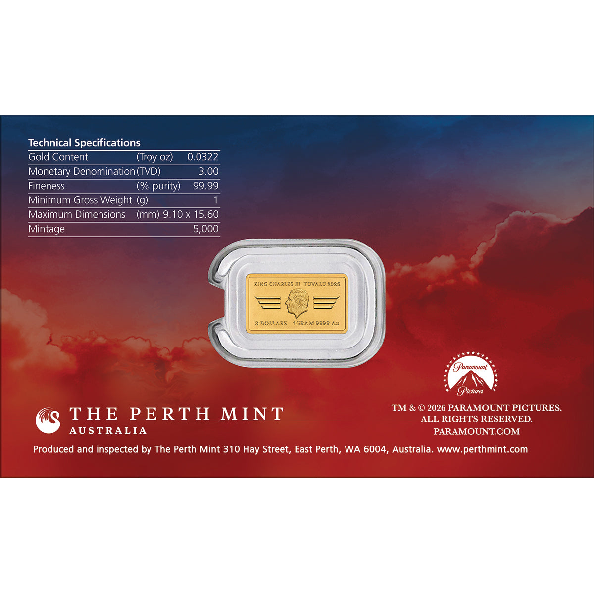 40 Years Of Top Gun 2026 1g Gold Rectangular Coin In Card Back