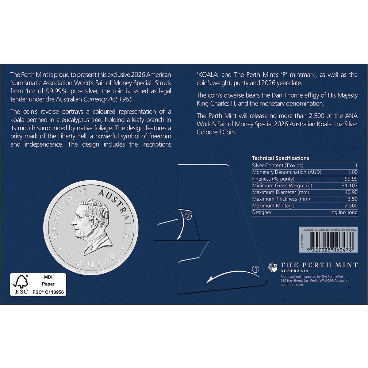 ANA Coin Show Special 2026 Koala 1oz Silver Coloured Coin With Liberty Bell Privy Card Back