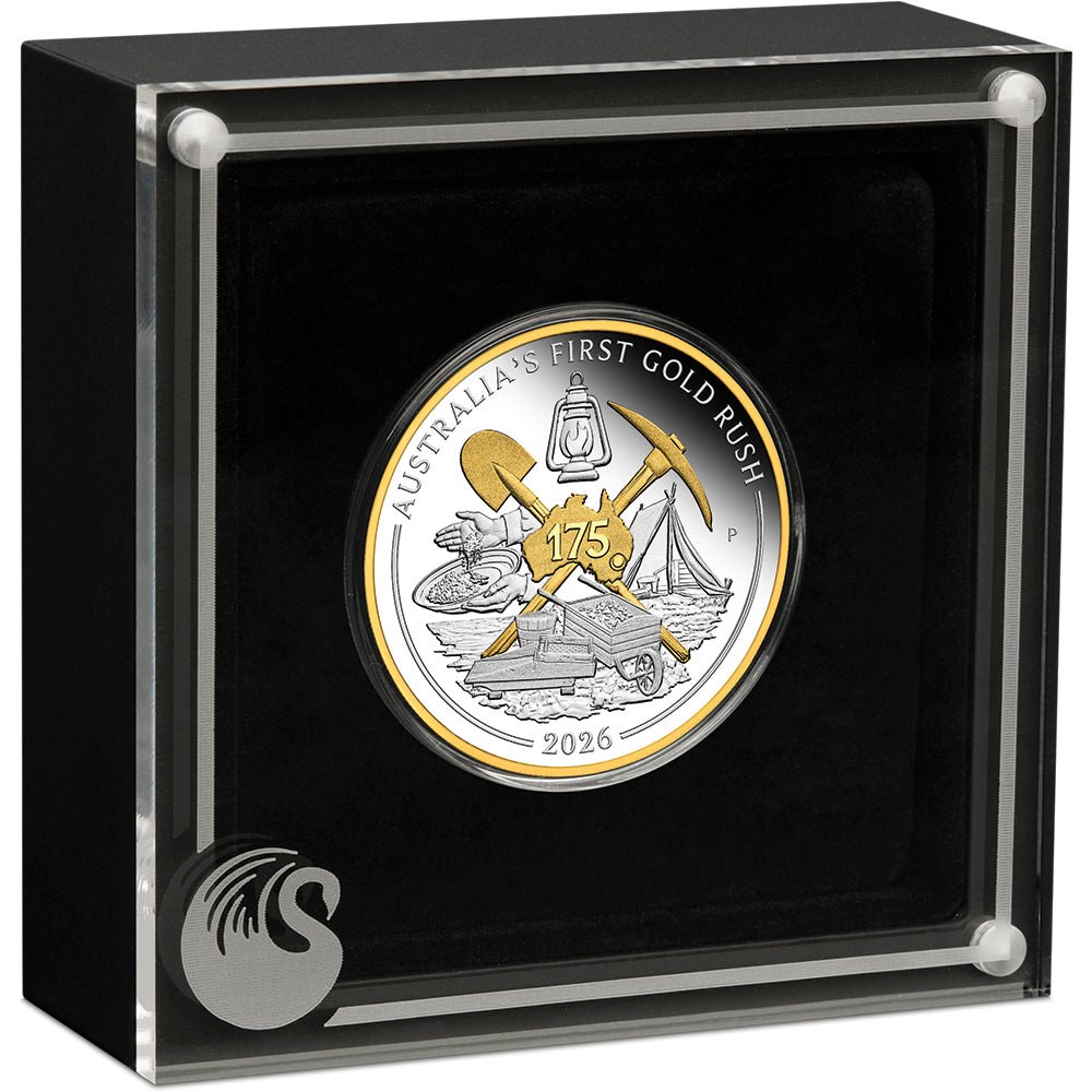 Australia's First Gold Rush 175th Anniversary 2026 1oz Silver Proof Gilded Coin Case