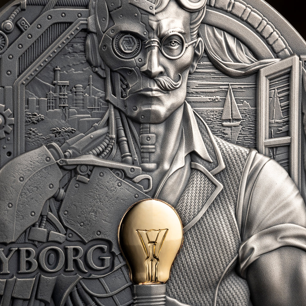 Cyborg 2oz Silver Antique Coin Detail