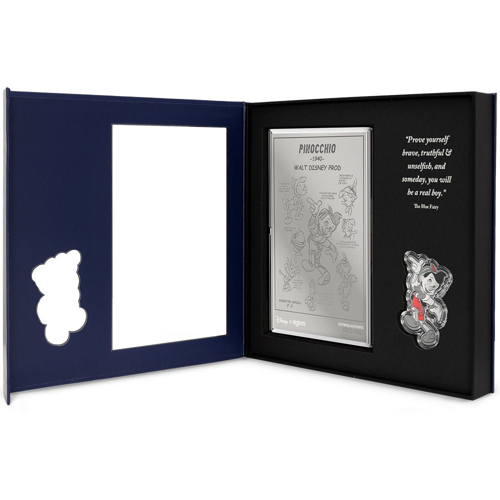 Disney Pinocchio 3/4oz Silver Coin + 5g Silver Foil Set Case Open