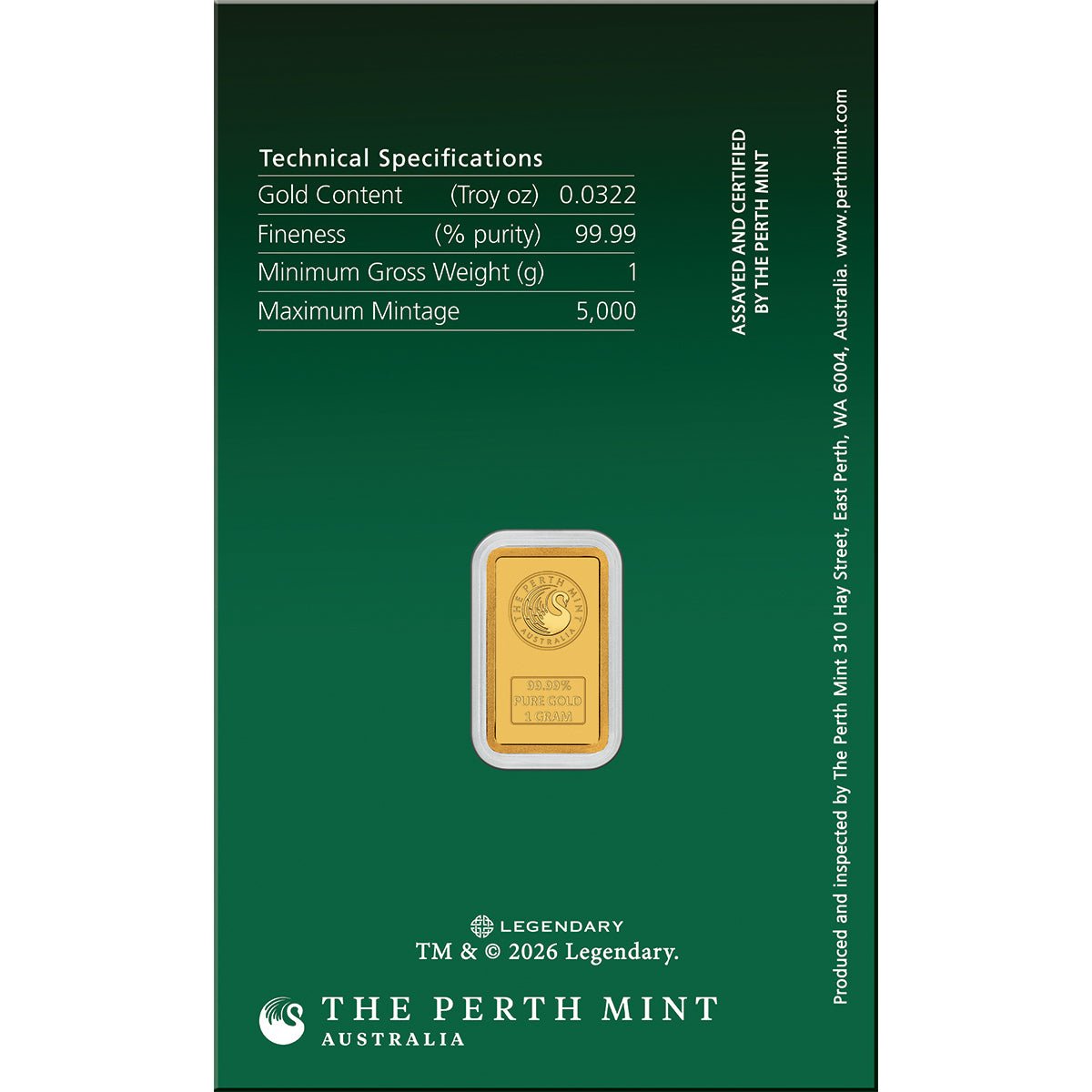 Dune – House Atreides 2026 1g Gold Minted Bar Card Back