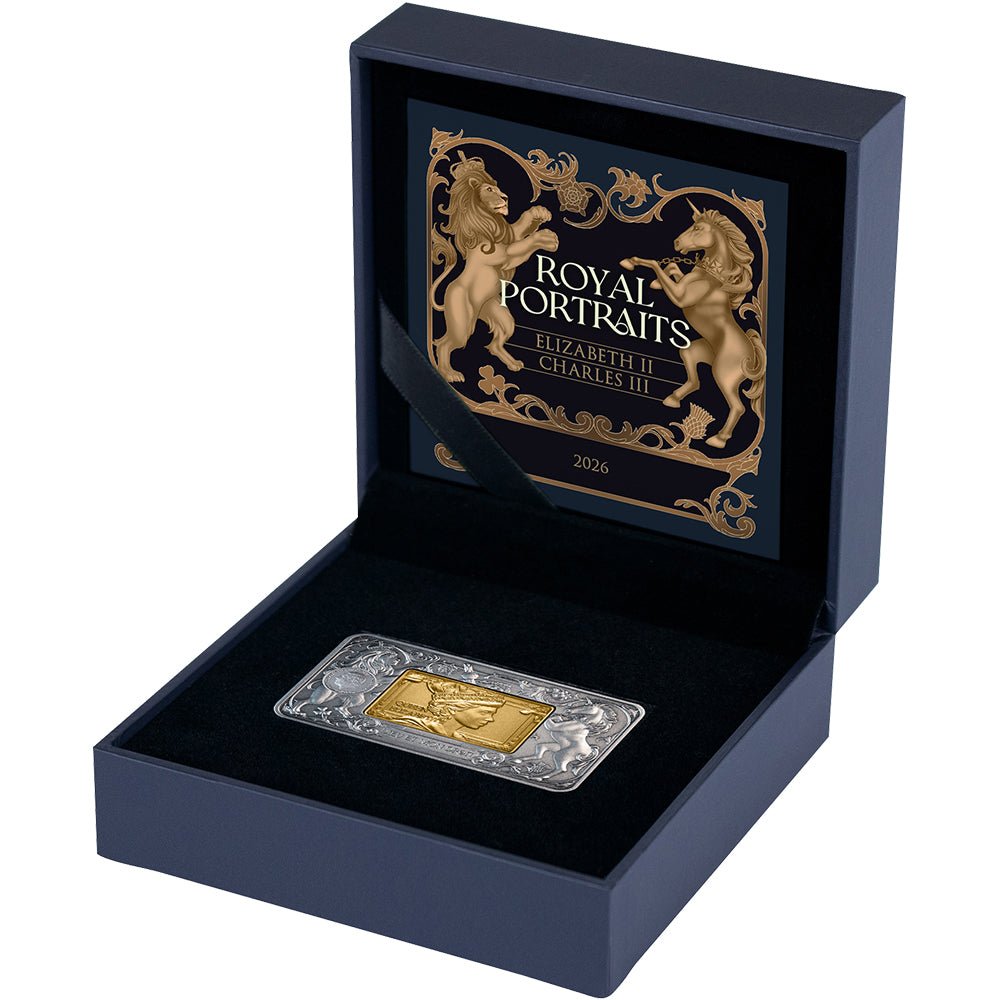 Elizabeth II & Charles III Royal Portraits 2026 $5 Rotating 2oz Silver Antique Coin Case