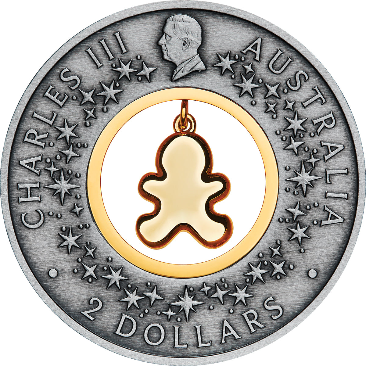 Gingerbread Christmas 2026 2oz Silver Antiqued Coloured Coin Obverse