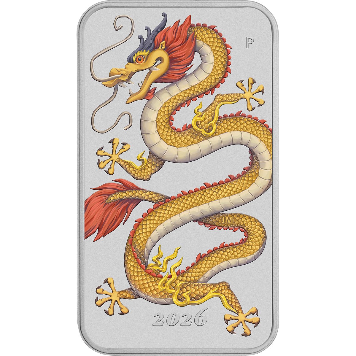 Golden Dragon 2026 1oz Silver Coloured Rectangular Coin Reverse