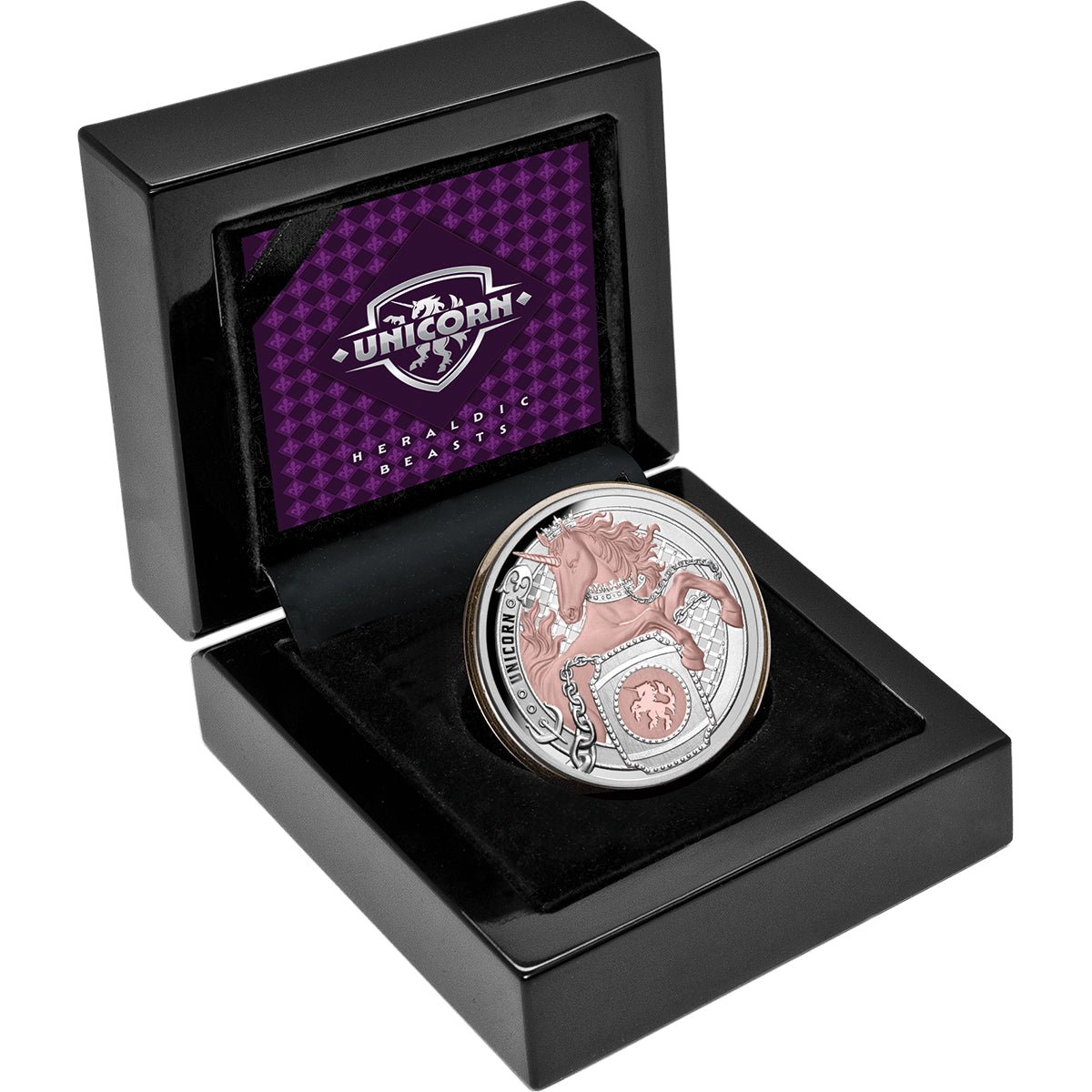 Heraldic Beasts 2026 $1 Unicorn 1oz Rose Gold Plated Silver Proof Coin Case