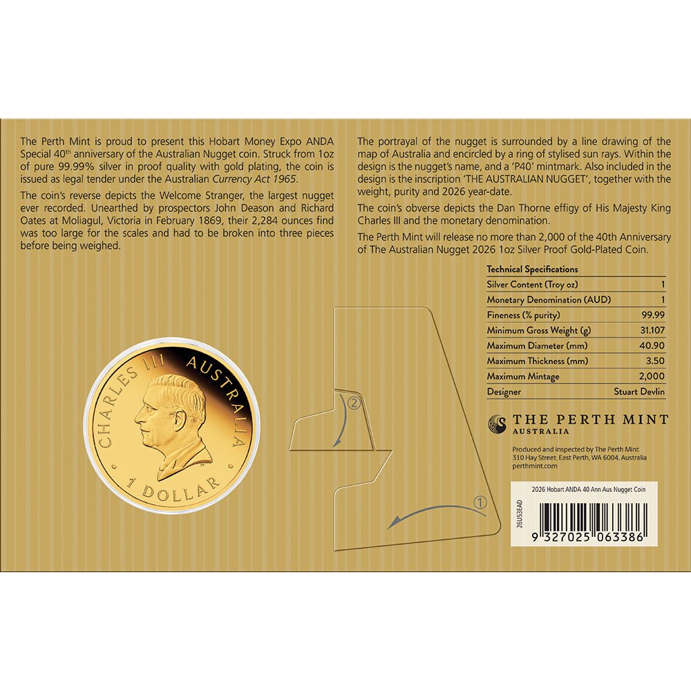 Hobart Money Expo - Australian Nugget 40th Anniversary 2026 1oz Silver Proof Gold-Plated Coin Card Back