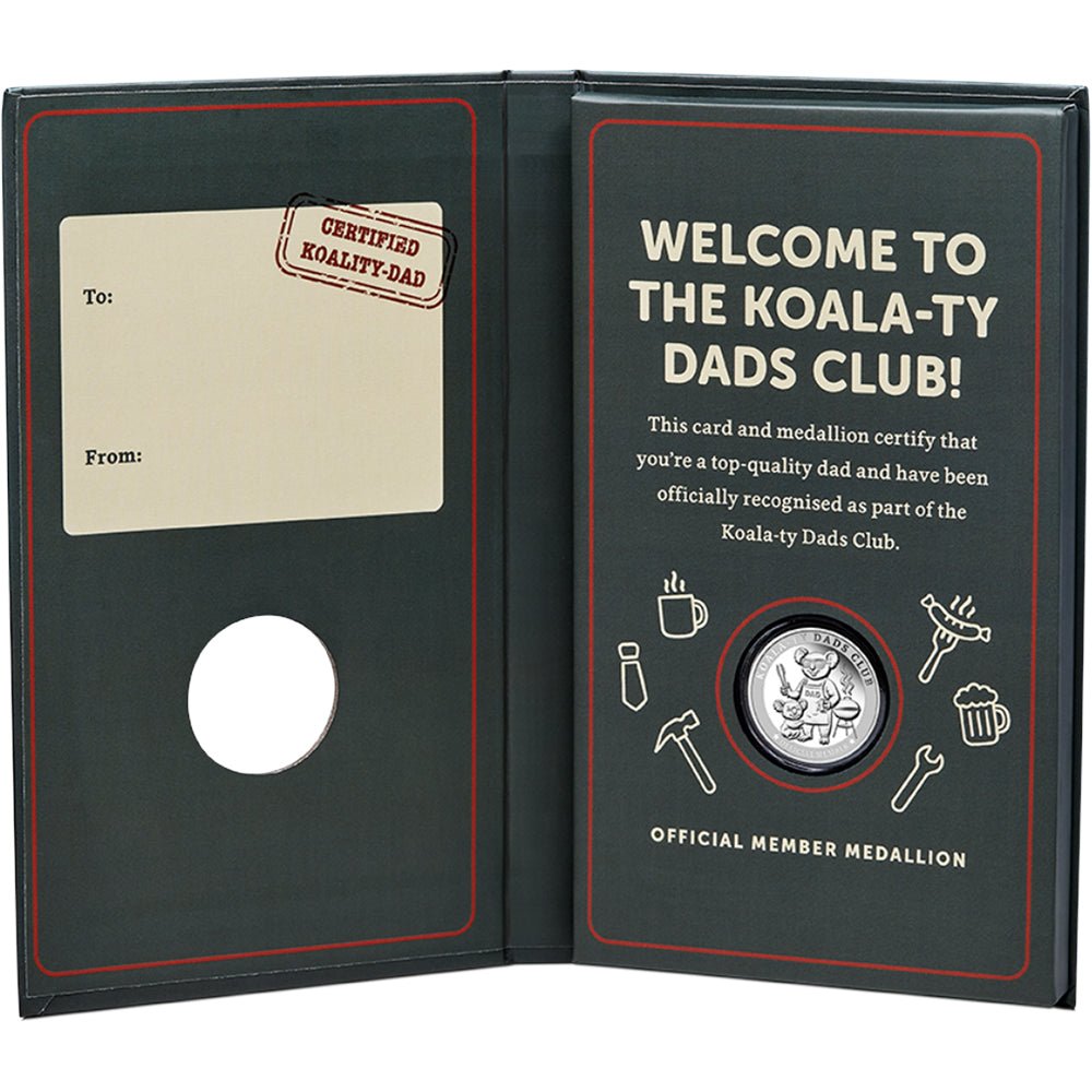 Koala-Ty Dads Club 1/4oz Silver Official Member Medallion Card Open
