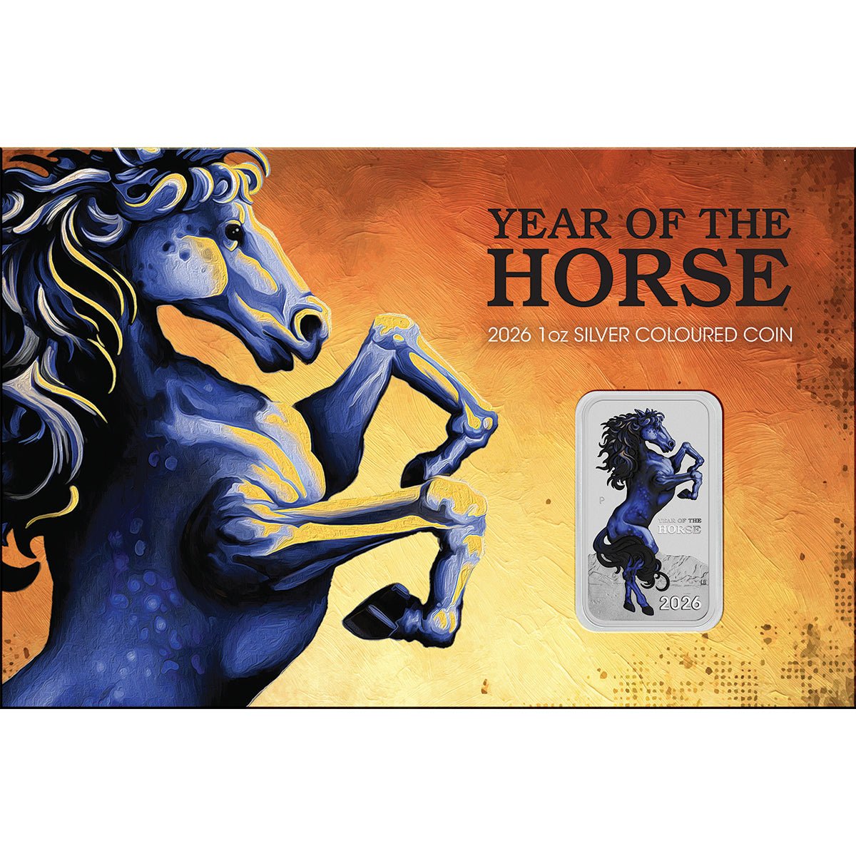 Lunar Horse 2026 1oz Silver Bullion Coloured Minted Rectangular Coin In Card