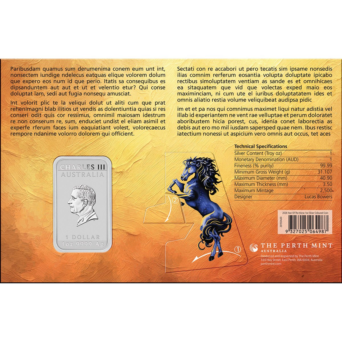 Lunar Horse 2026 1oz Silver Bullion Coloured Minted Rectangular Coin In Card Back