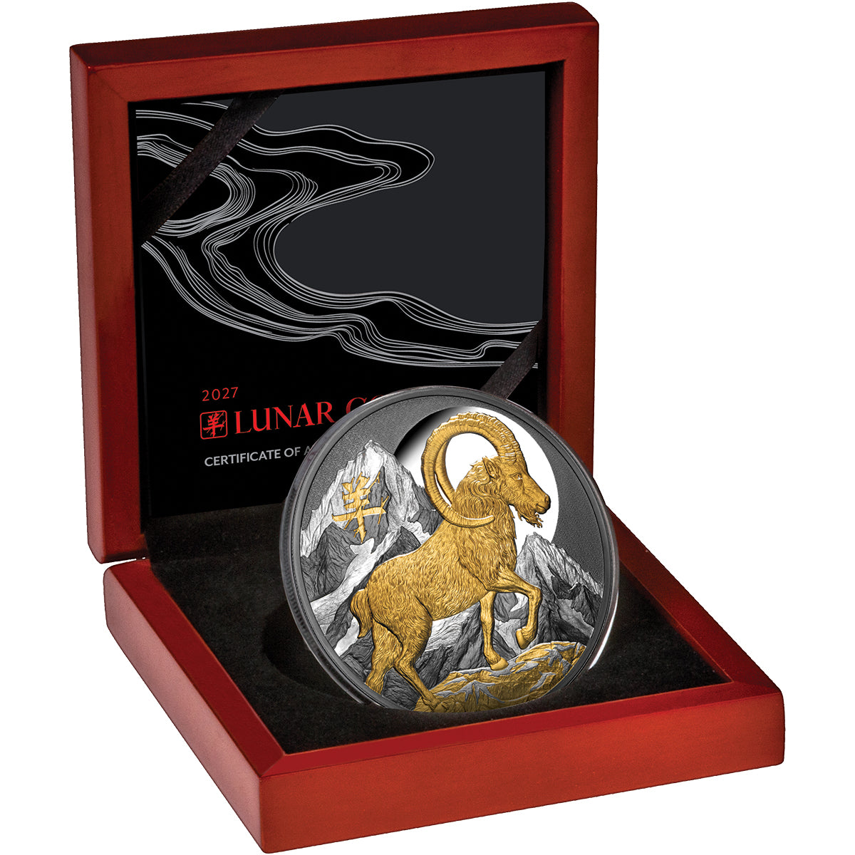 Lunar Year Of The Goat 2027 5oz $10 Gold-Plated Silver Black Proof Coin Case